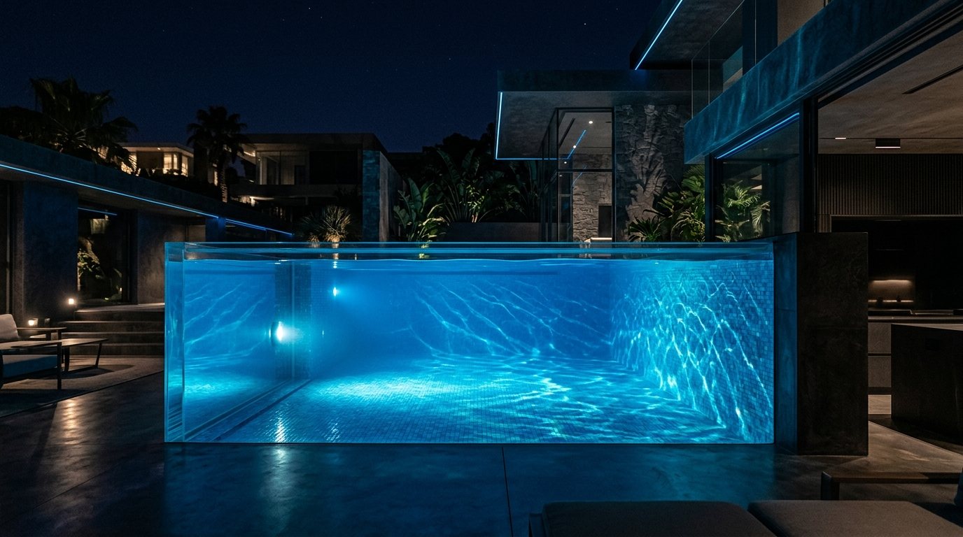 Transparent acrylic swimming pool wall with deep blue water behind it at night