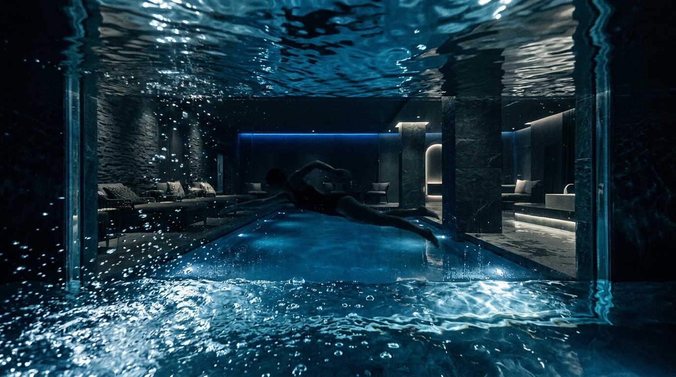 View through an acrylic pool window from underwater